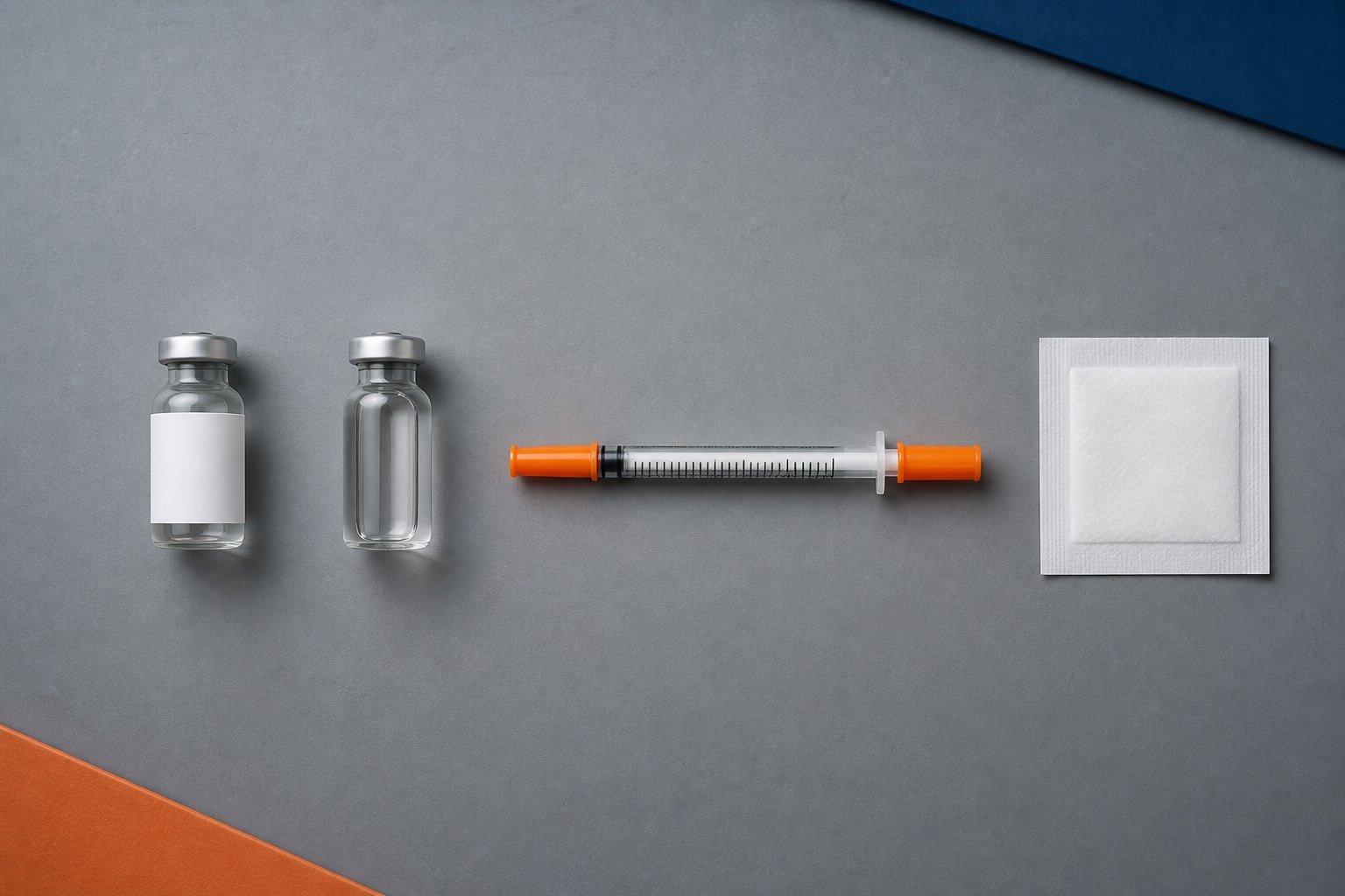 Top-down research bench with two small vials, capped U-100 syringe and preparation pad