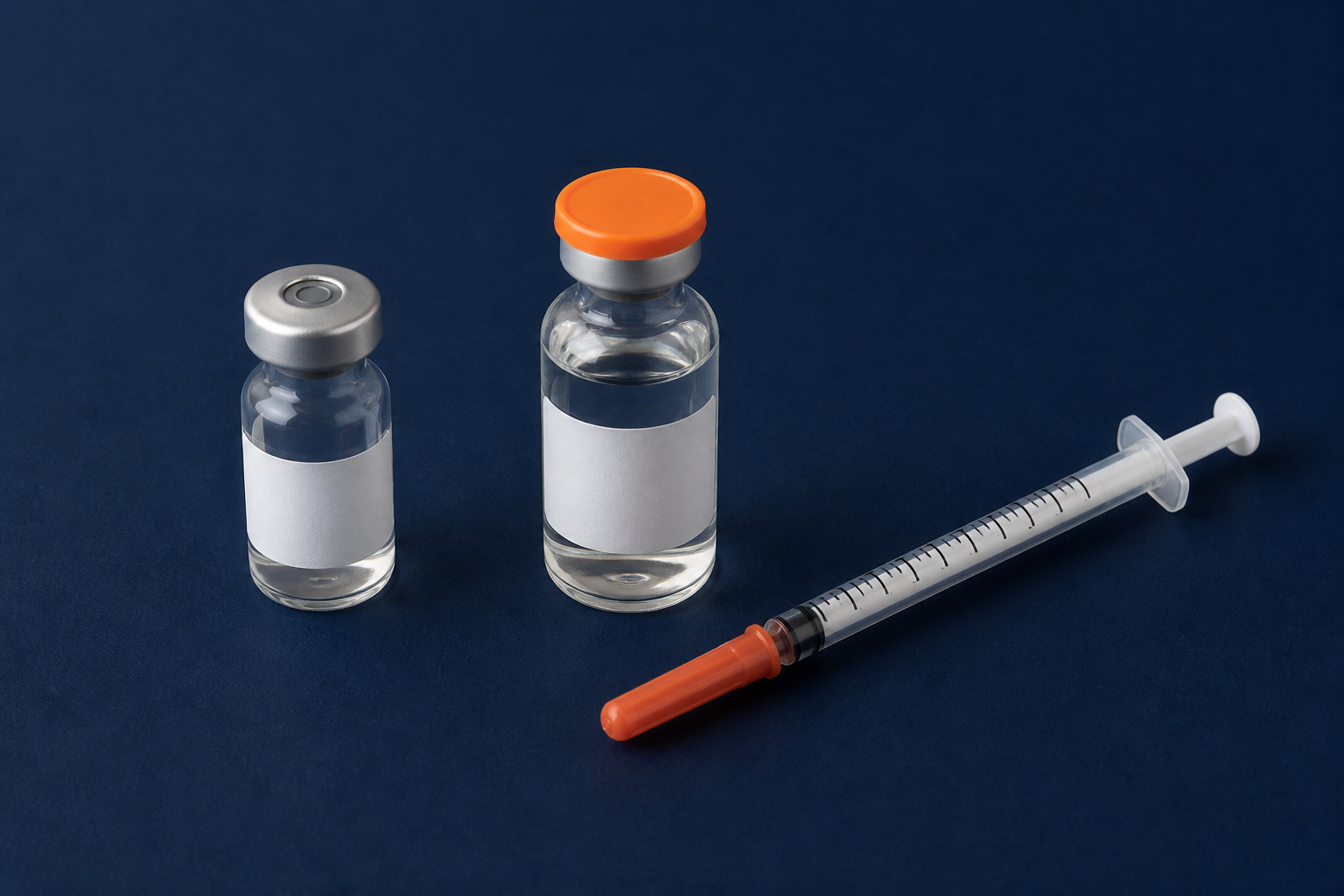 Three millilitre research vial, diluent vial and capped U-100 syringe on an ink-blue surface