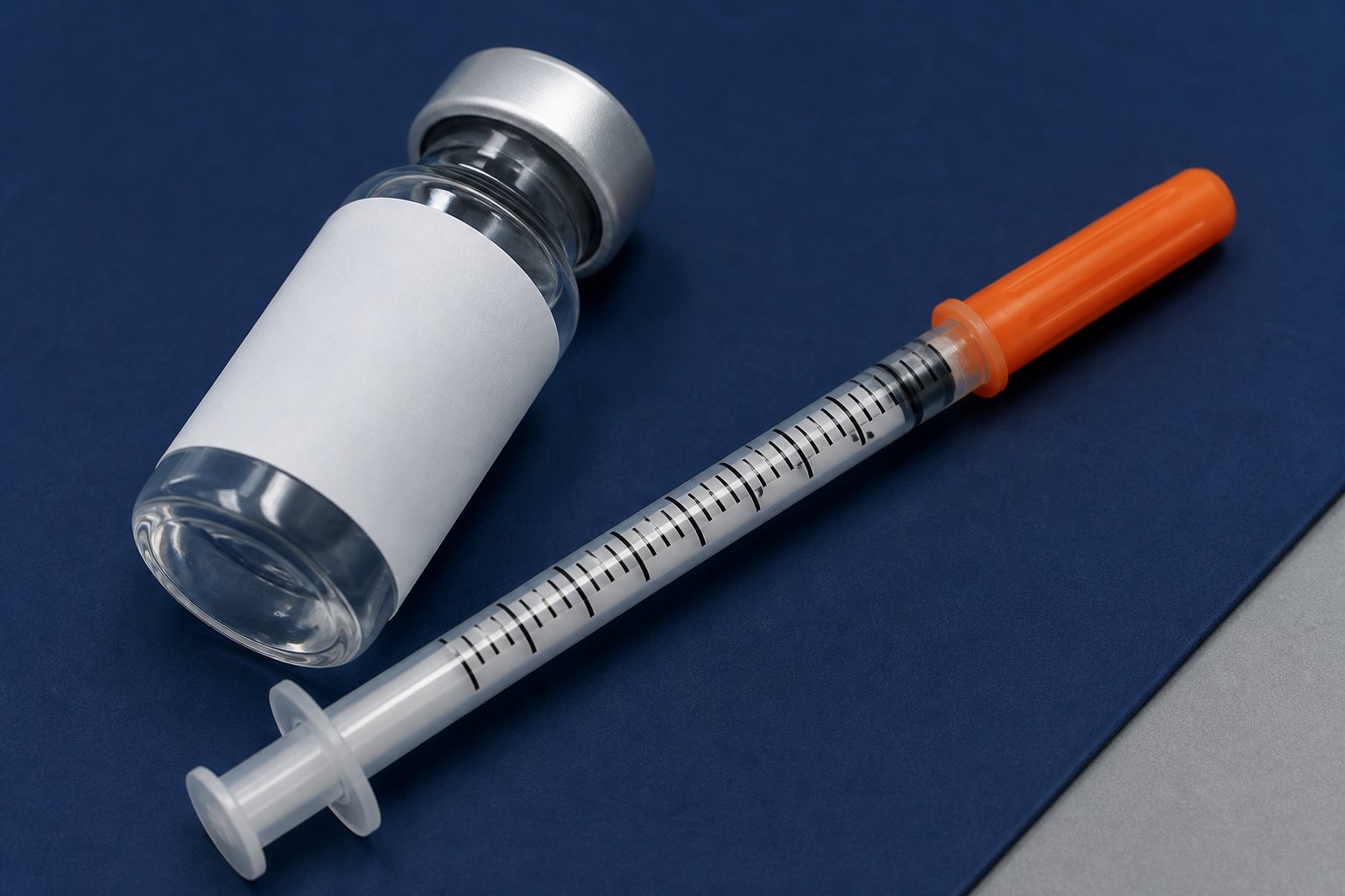 Close view of vial beside a capped U-100 syringe with visible measurement marks