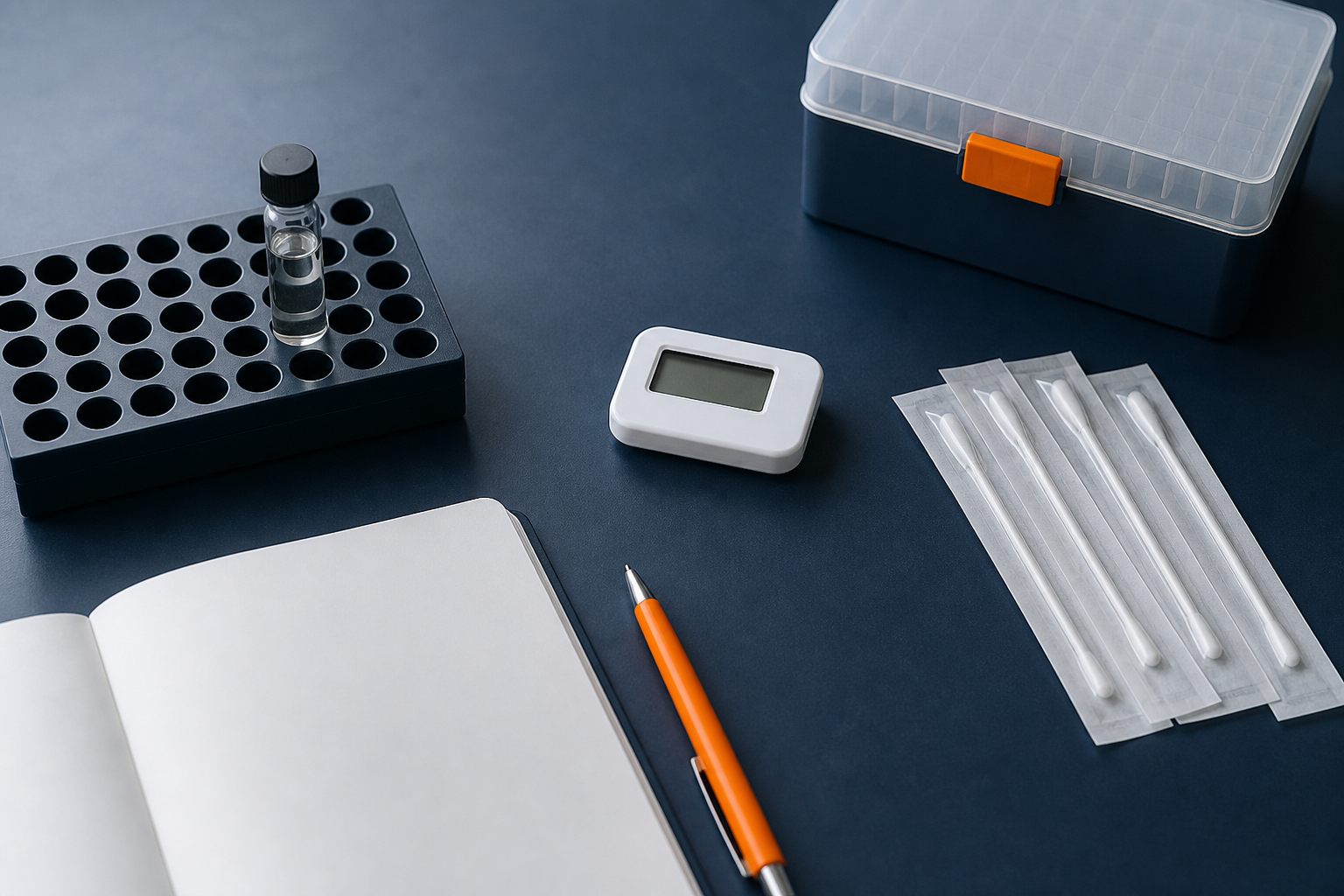 Organised research bench with labelled storage tray, vial rack, notebook and thermometer