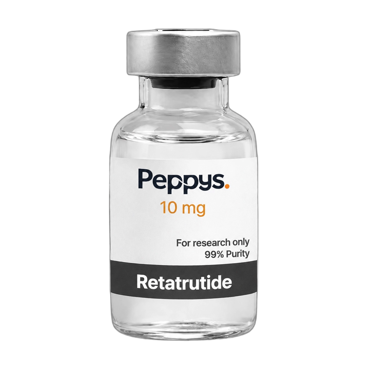 Peppys Retatrutide research vial on a neutral background